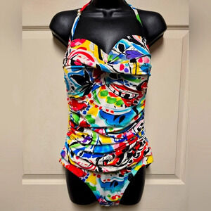 ANNE COLE Women's  Floral Printed Twist-Front Ruched One-Piece Swimsuit Sz12